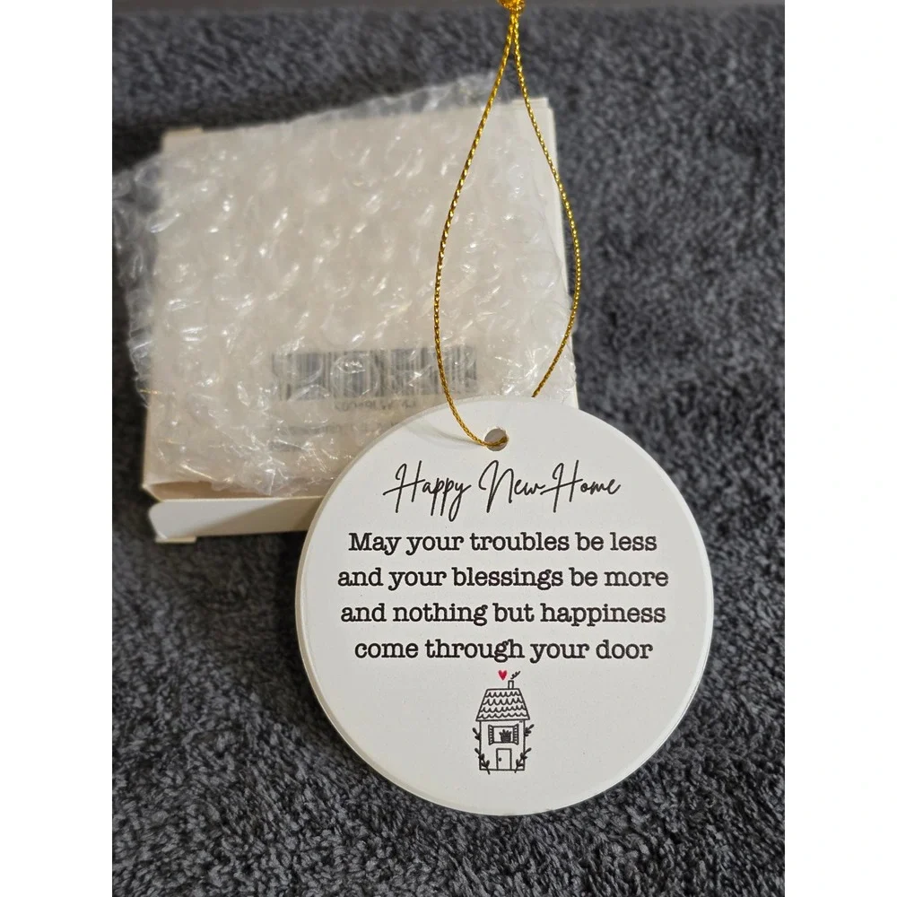 Happy New Home Ceramic Ornament Housewarming Blessing Gift White Porcelain 3 in